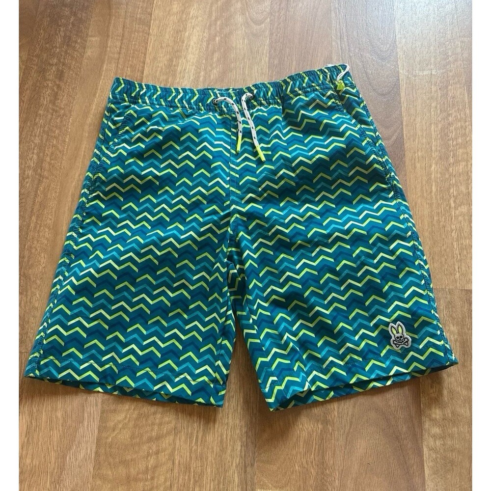 Psycho Bunny Boys Green Zig Zag Swim Trunks Size NWOT